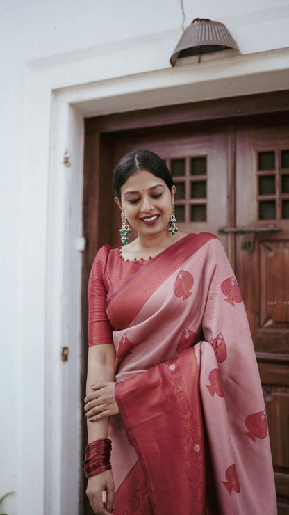 Elegant Rose Gold Heritage Woven Soft Silk Saree