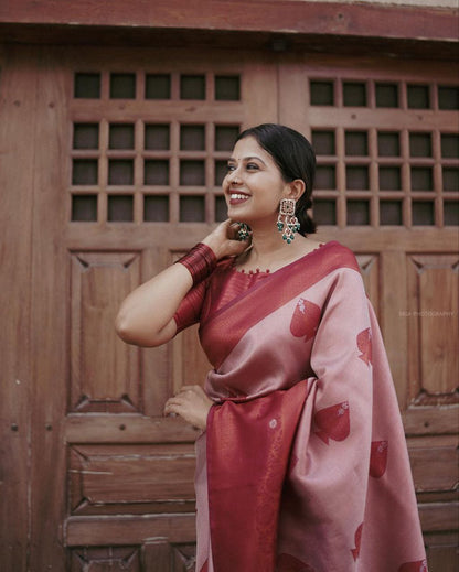 Elegant Rose Gold Heritage Woven Soft Silk Saree