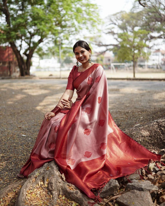 Elegant Rose Gold Heritage Woven Soft Silk Saree