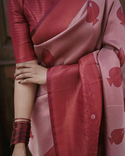 Elegant Rose Gold Heritage Woven Soft Silk Saree