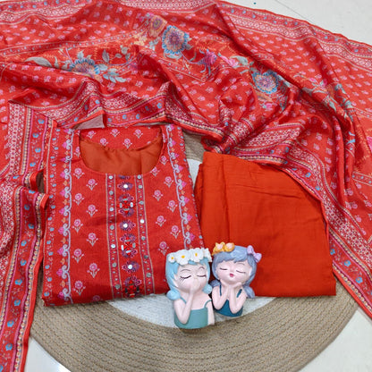 Trendy Orange Floral Printed Chinon Straight Kurta Pant & Dupatta Set