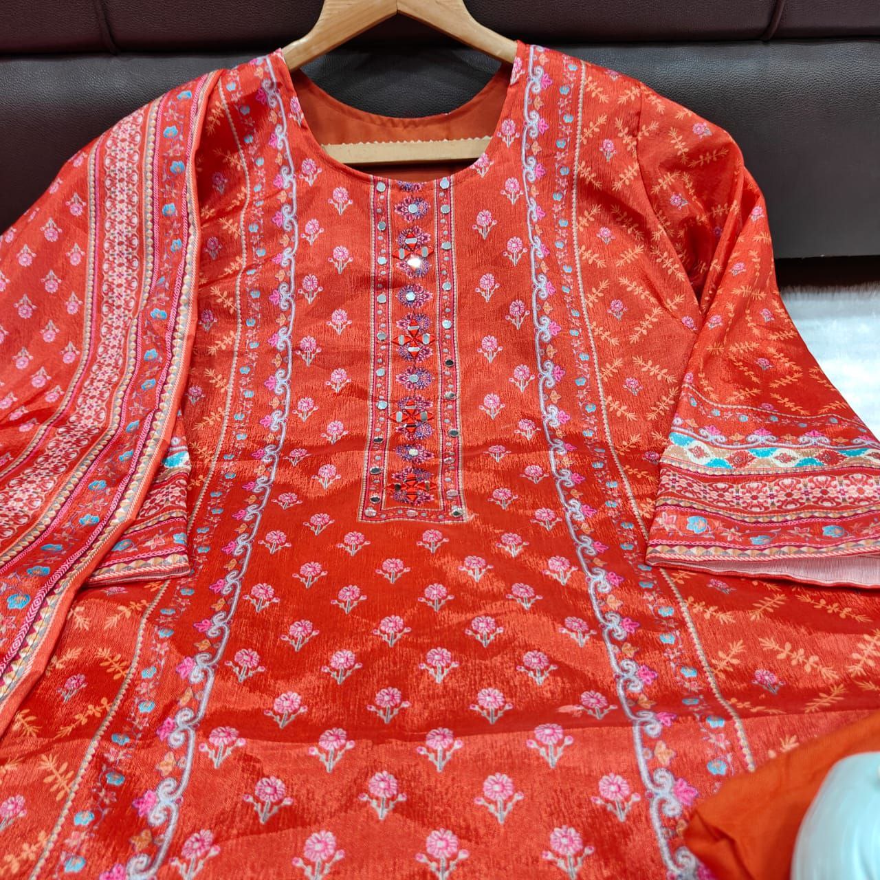 Trendy Orange Floral Printed Chinon Straight Kurta Pant & Dupatta Set