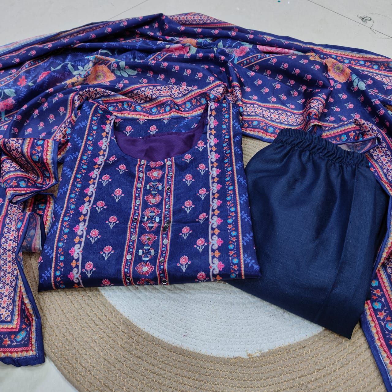 Magic Purple Floral Printed Chinon Straight Suit Set