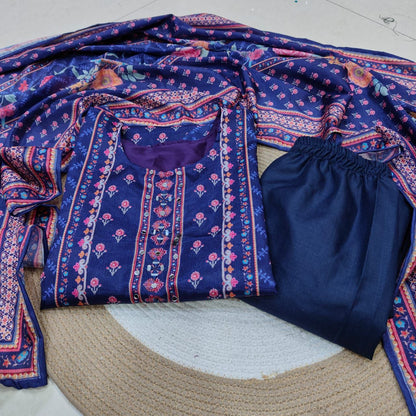 Magic Purple Floral Printed Chinon Straight Suit Set