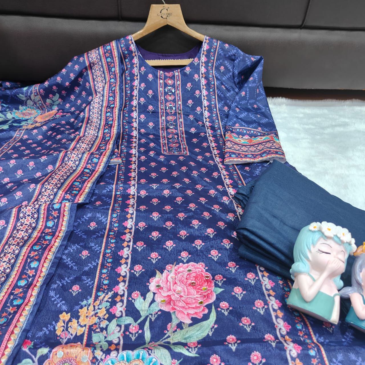 Magic Purple Floral Printed Chinon Straight Suit Set