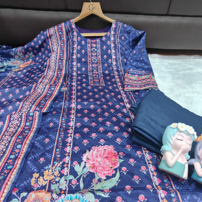 Magic Purple Floral Printed Chinon Straight Suit Set