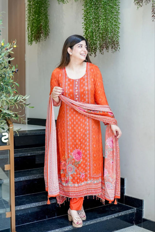 Trendy Orange Floral Printed Chinon Straight Kurta Pant & Dupatta Set