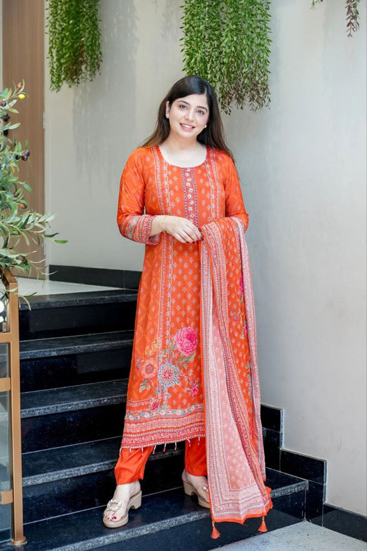 Trendy Orange Floral Printed Chinon Straight Kurta Pant & Dupatta Set
