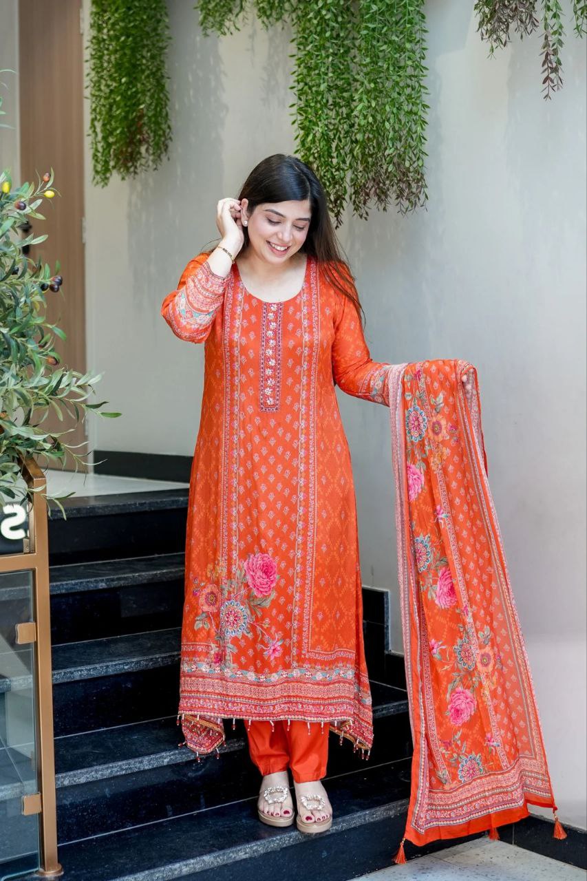 Trendy Orange Floral Printed Chinon Straight Kurta Pant & Dupatta Set