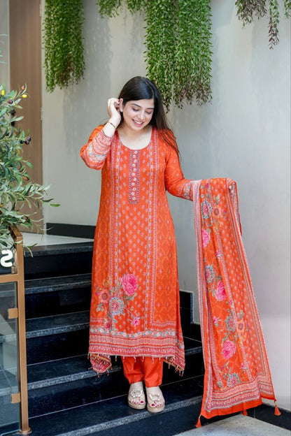 Trendy Orange Floral Printed Chinon Straight Kurta Pant & Dupatta Set
