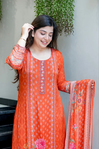 Trendy Orange Floral Printed Chinon Straight Kurta Pant & Dupatta Set