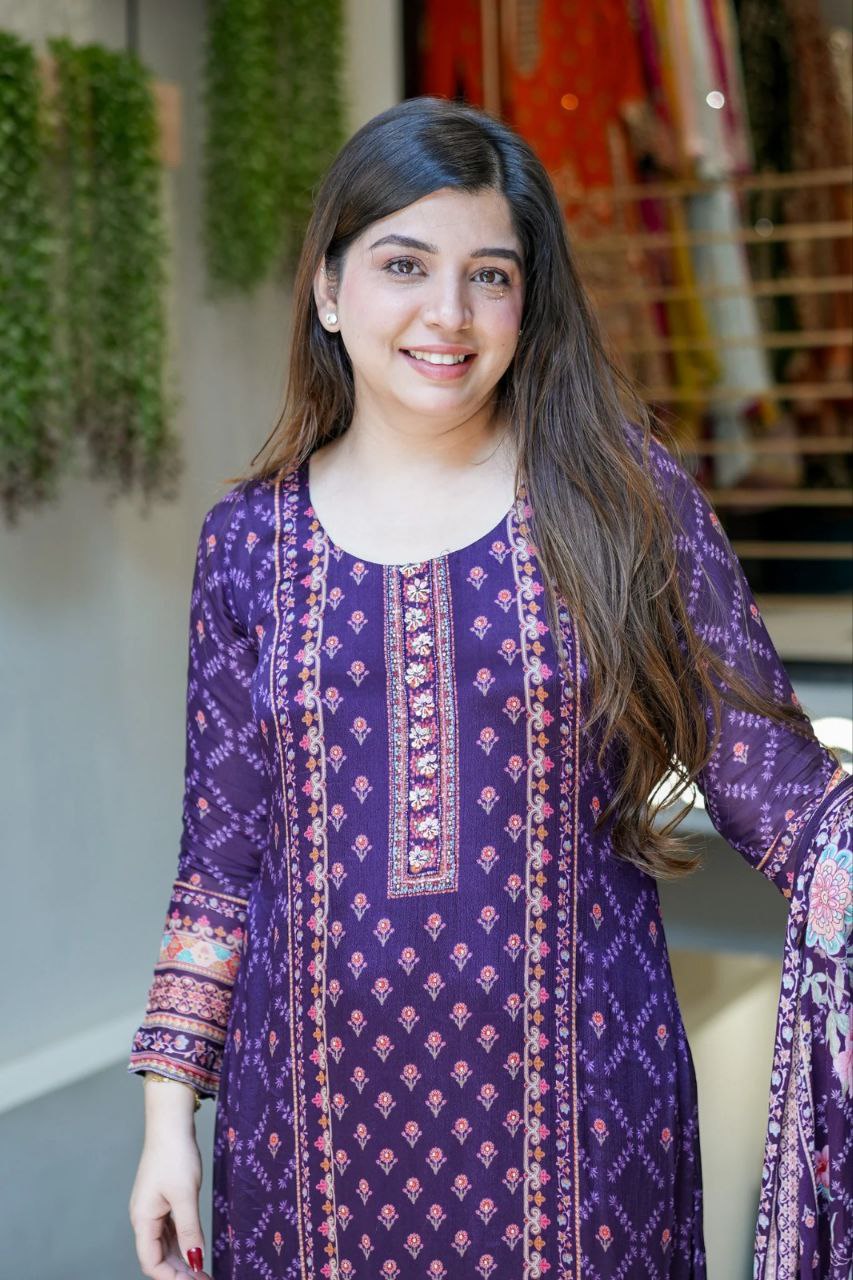 Magic Purple Floral Printed Chinon Straight Suit Set