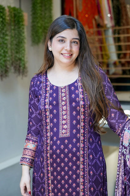 Magic Purple Floral Printed Chinon Straight Suit Set
