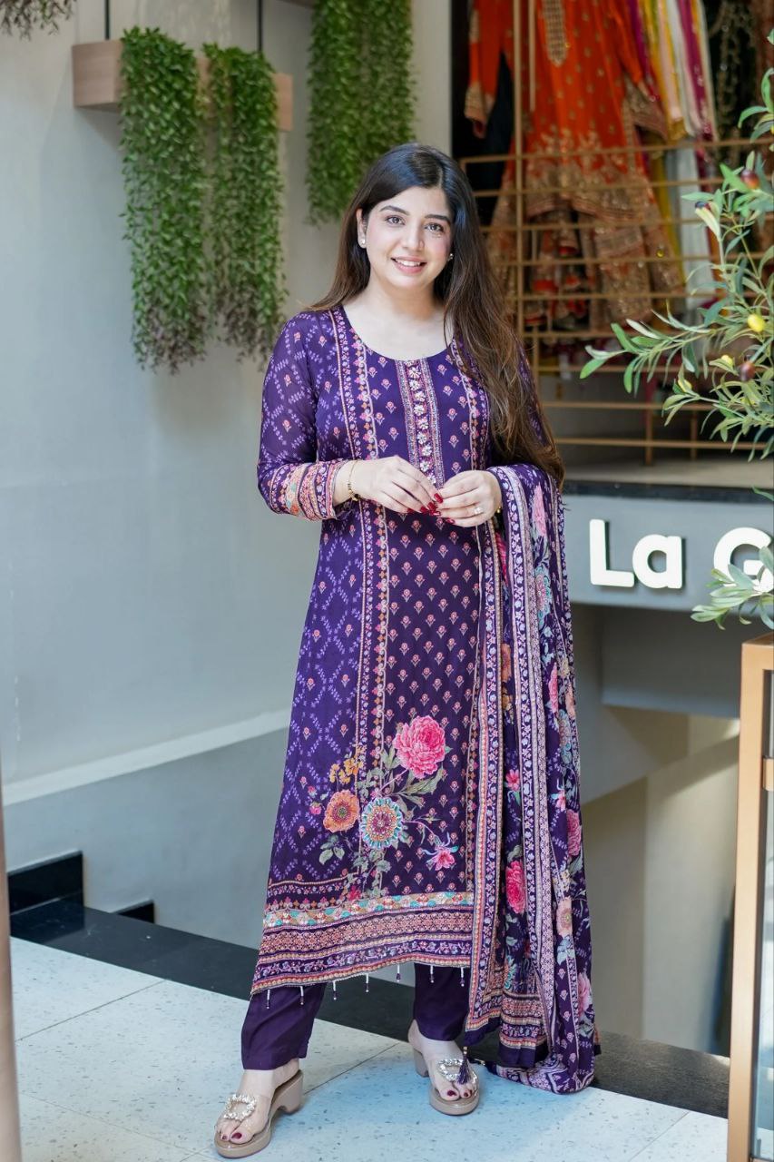 Magic Purple Floral Printed Chinon Straight Suit Set