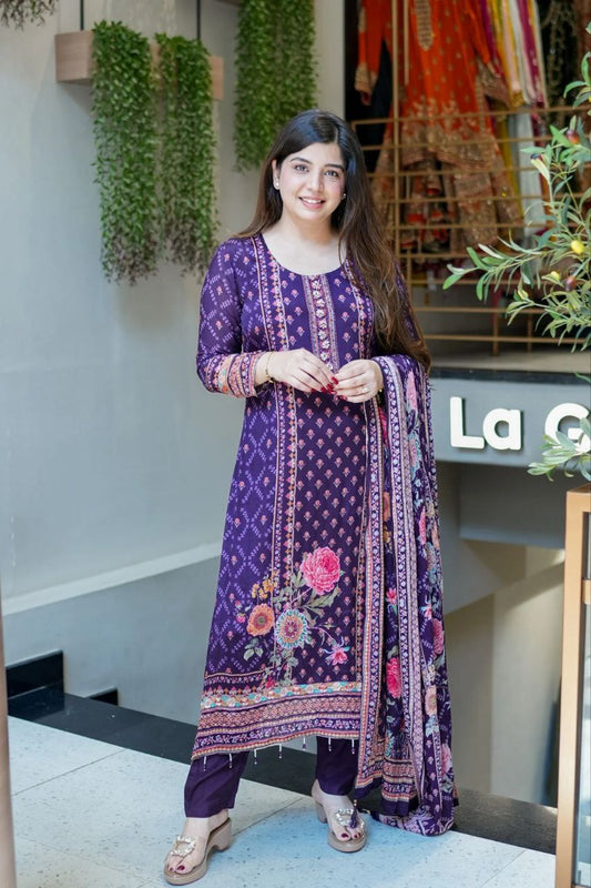Magic Purple Floral Printed Chinon Straight Suit Set