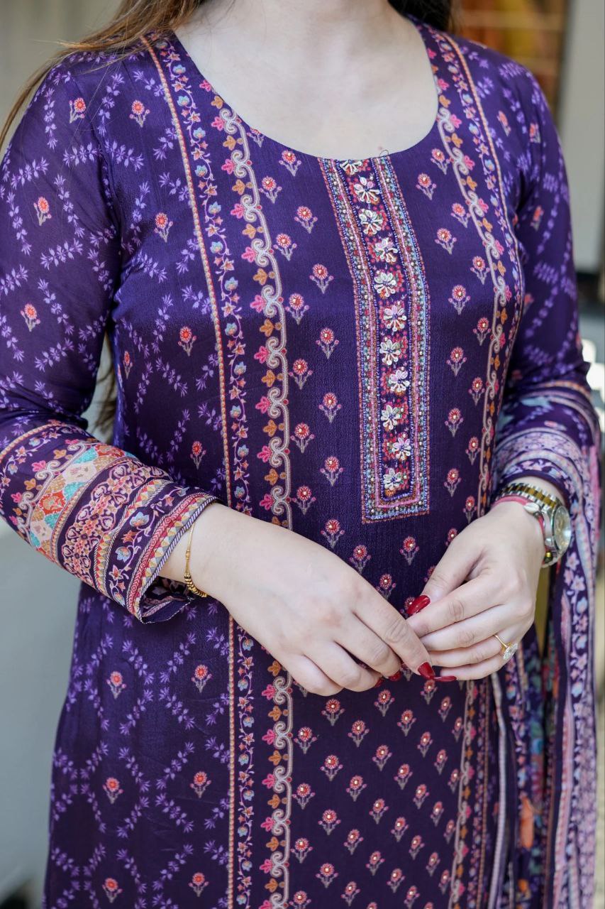 Magic Purple Floral Printed Chinon Straight Suit Set