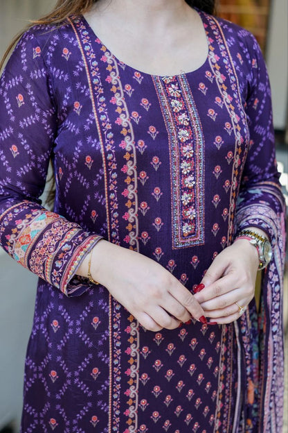 Magic Purple Floral Printed Chinon Straight Suit Set