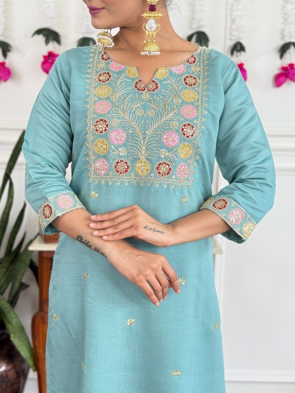 Elegant Sky Blue Floral Embroidered Suit Set