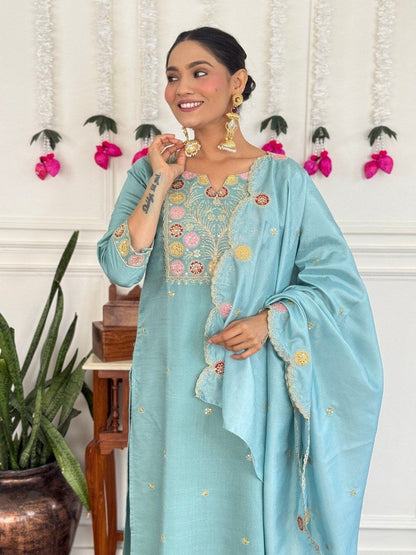 Elegant Sky Blue Floral Embroidered Suit Set