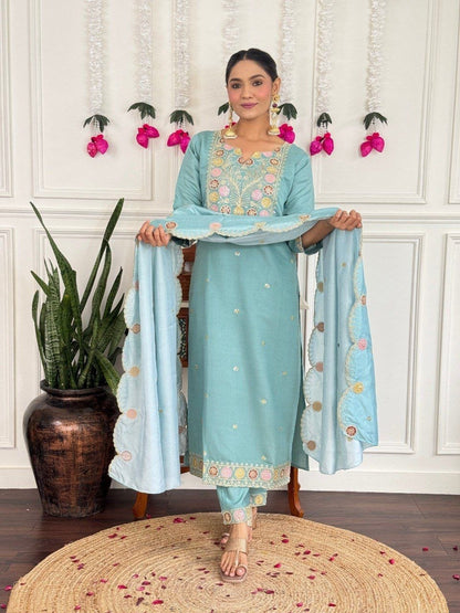 Elegant Sky Blue Floral Embroidered Suit Set