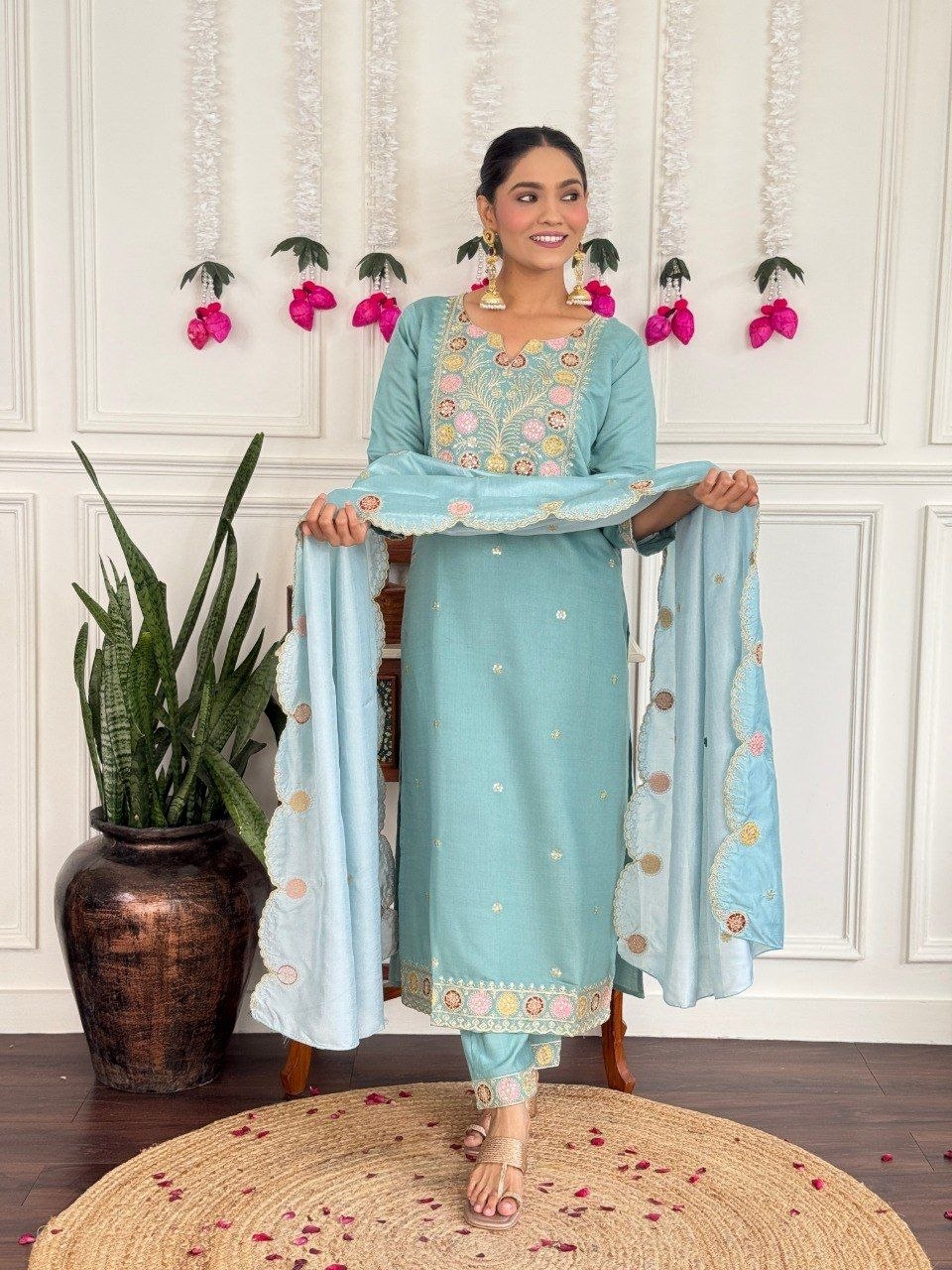 Elegant Sky Blue Floral Embroidered Suit Set