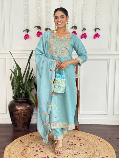 Elegant Sky Blue Floral Embroidered Suit Set
