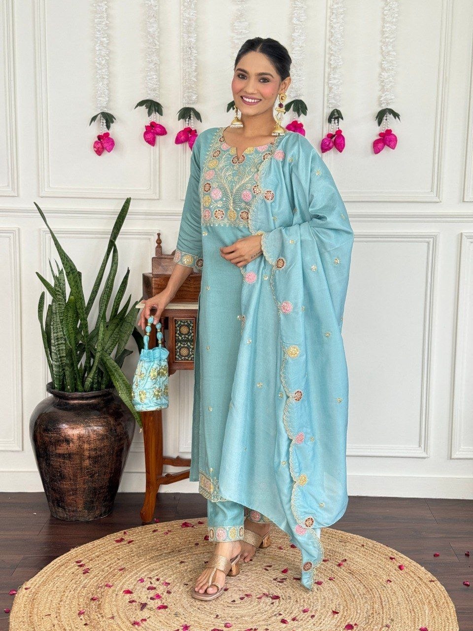 Elegant Sky Blue Floral Embroidered Suit Set
