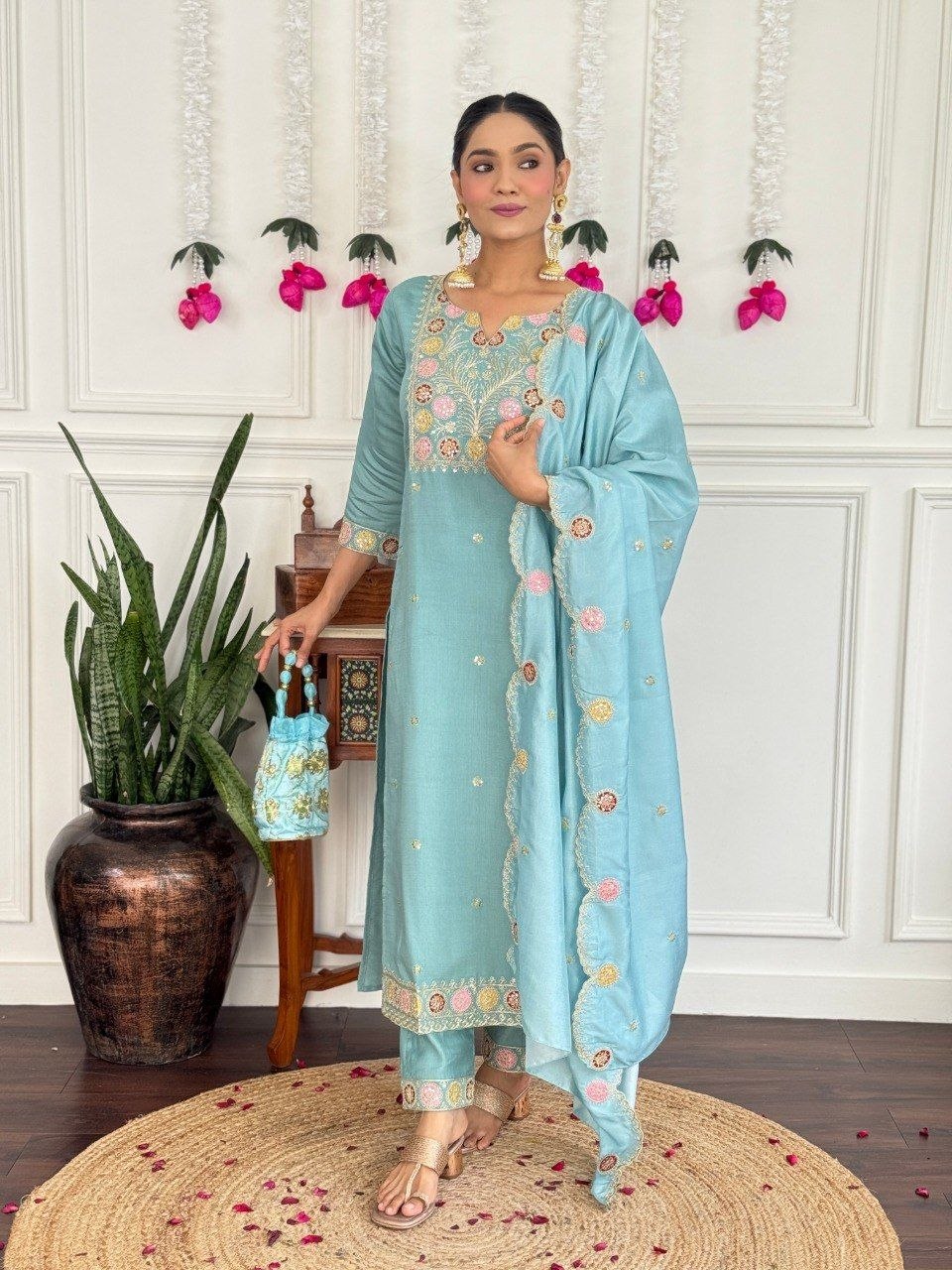 Elegant Sky Blue Floral Embroidered Suit Set