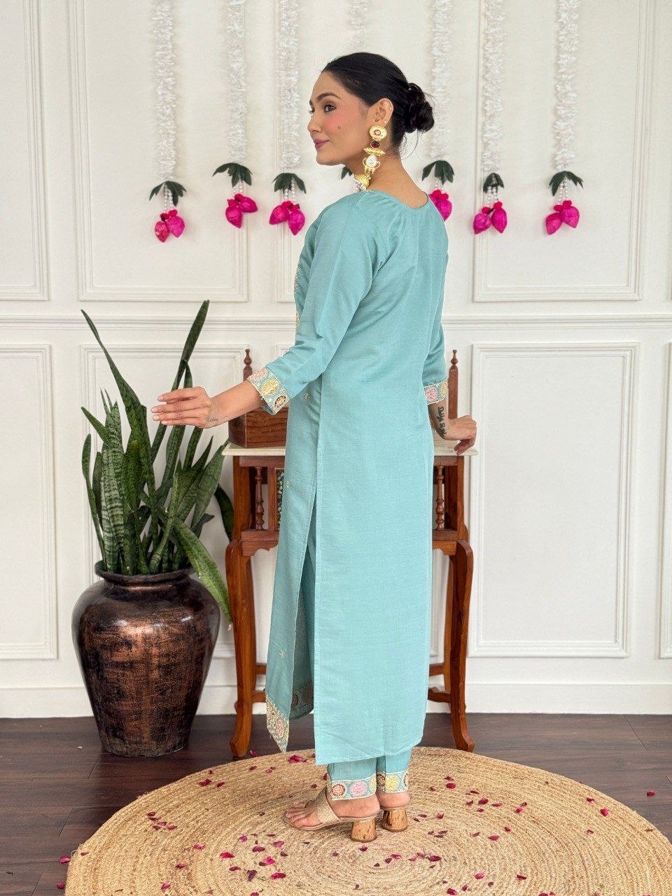 Elegant Sky Blue Floral Embroidered Suit Set