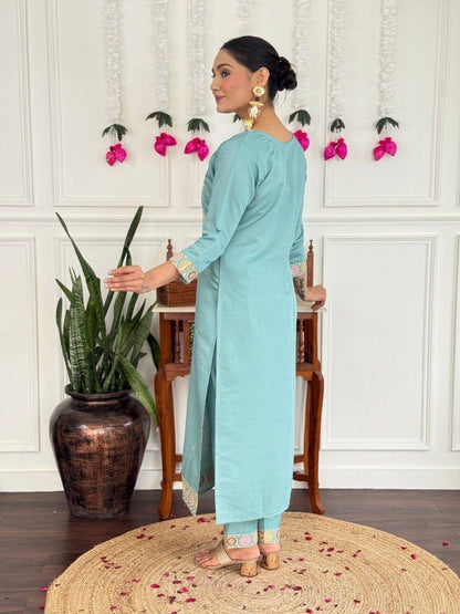 Elegant Sky Blue Floral Embroidered Suit Set
