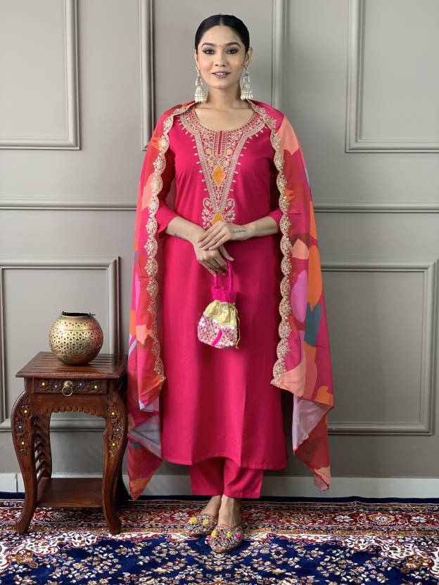 Vibrant Pink Embroidered Suit Set With Printed Dupatta