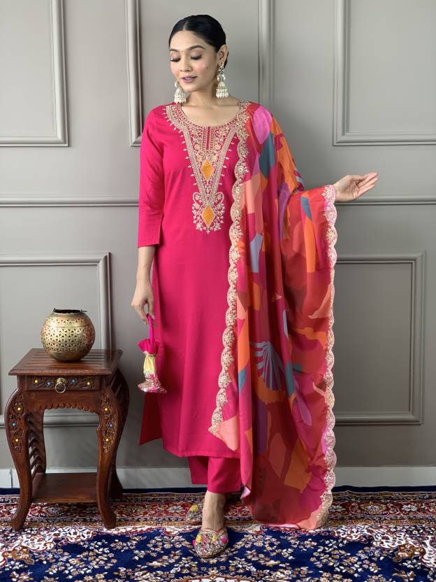 Vibrant Pink Embroidered Suit Set With Printed Dupatta