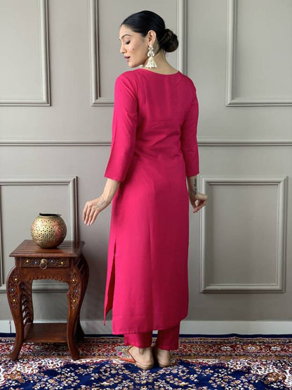Vibrant Pink Embroidered Suit Set With Printed Dupatta