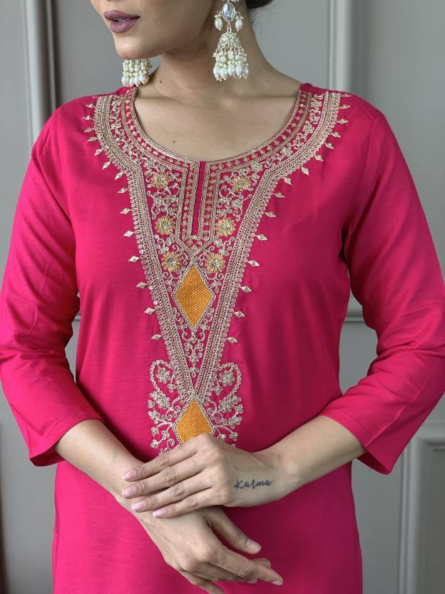 Vibrant Pink Embroidered Suit Set With Printed Dupatta