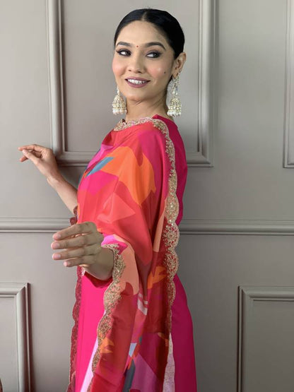 Vibrant Pink Embroidered Suit Set With Printed Dupatta