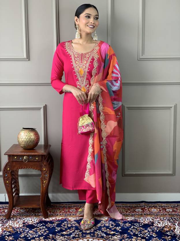 Vibrant Pink Embroidered Suit Set With Printed Dupatta