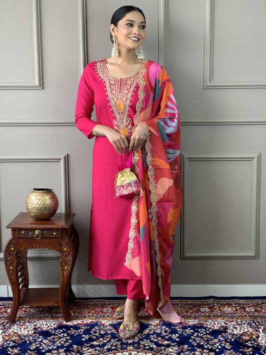 Vibrant Pink Embroidered Suit Set With Printed Dupatta
