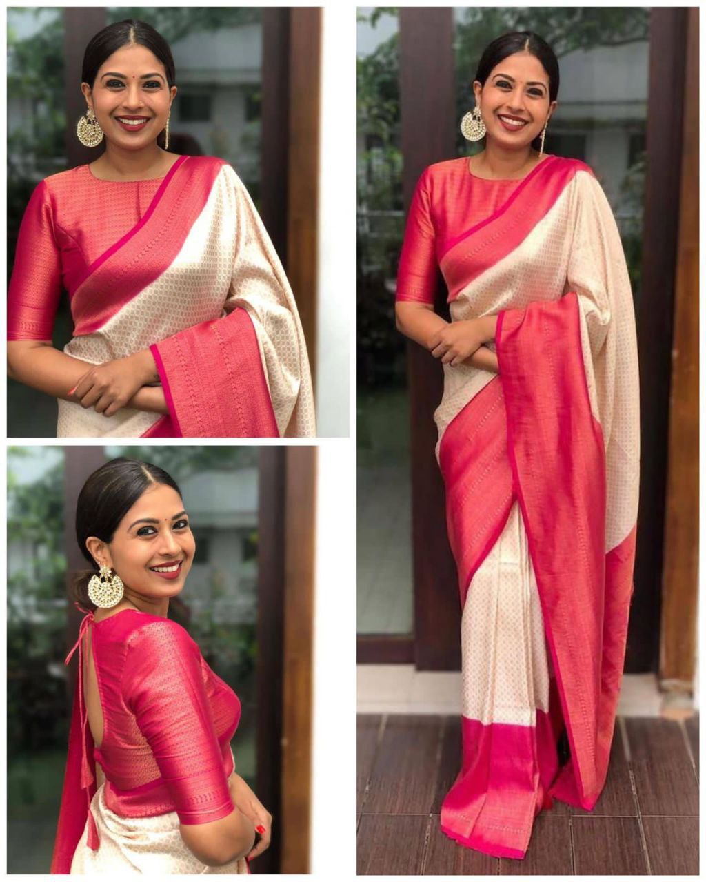 Beautiful Ivory Pink Traditional Banarasi Soft Silk Saree with Rich Contrast Border