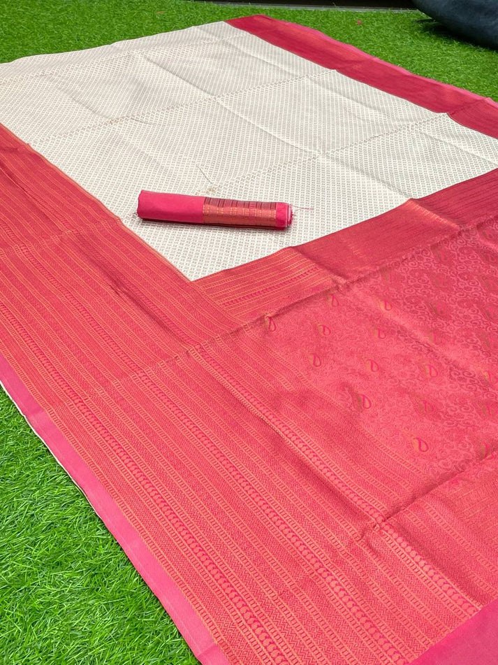 Beautiful Ivory Pink Traditional Banarasi Soft Silk Saree with Rich Contrast Border
