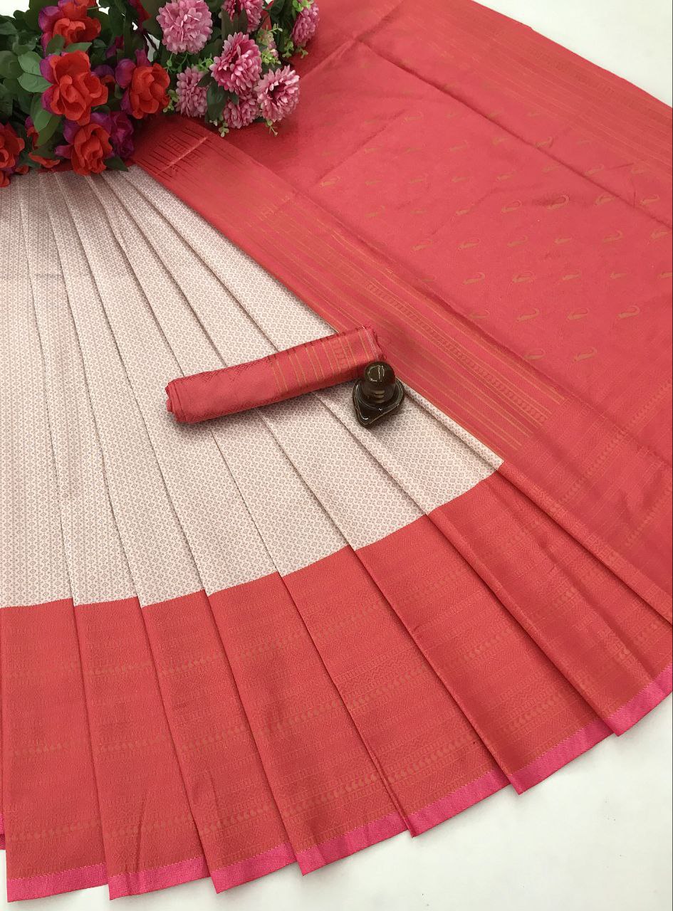 Beautiful Ivory Pink Traditional Banarasi Soft Silk Saree with Rich Contrast Border