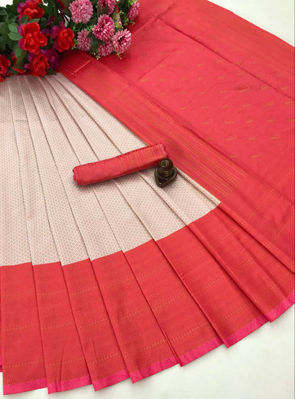 Beautiful Ivory Pink Traditional Banarasi Soft Silk Saree with Rich Contrast Border