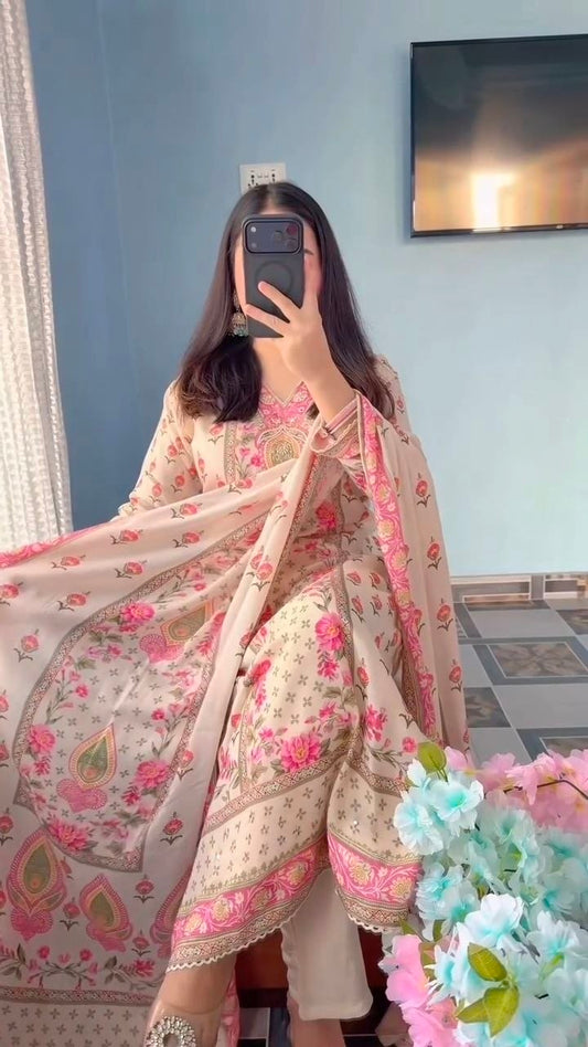 Graceful Ivory Floral Printed Pure Cotton Stitched Suit Set with Elegant Dupatta