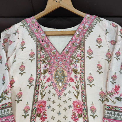 Graceful Ivory Floral Printed Pure Cotton Stitched Suit Set with Elegant Dupatta