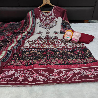 Beautiful Maroon Embroidered Premium Muslin Suit Set with Designer Dupatta & Palazzo