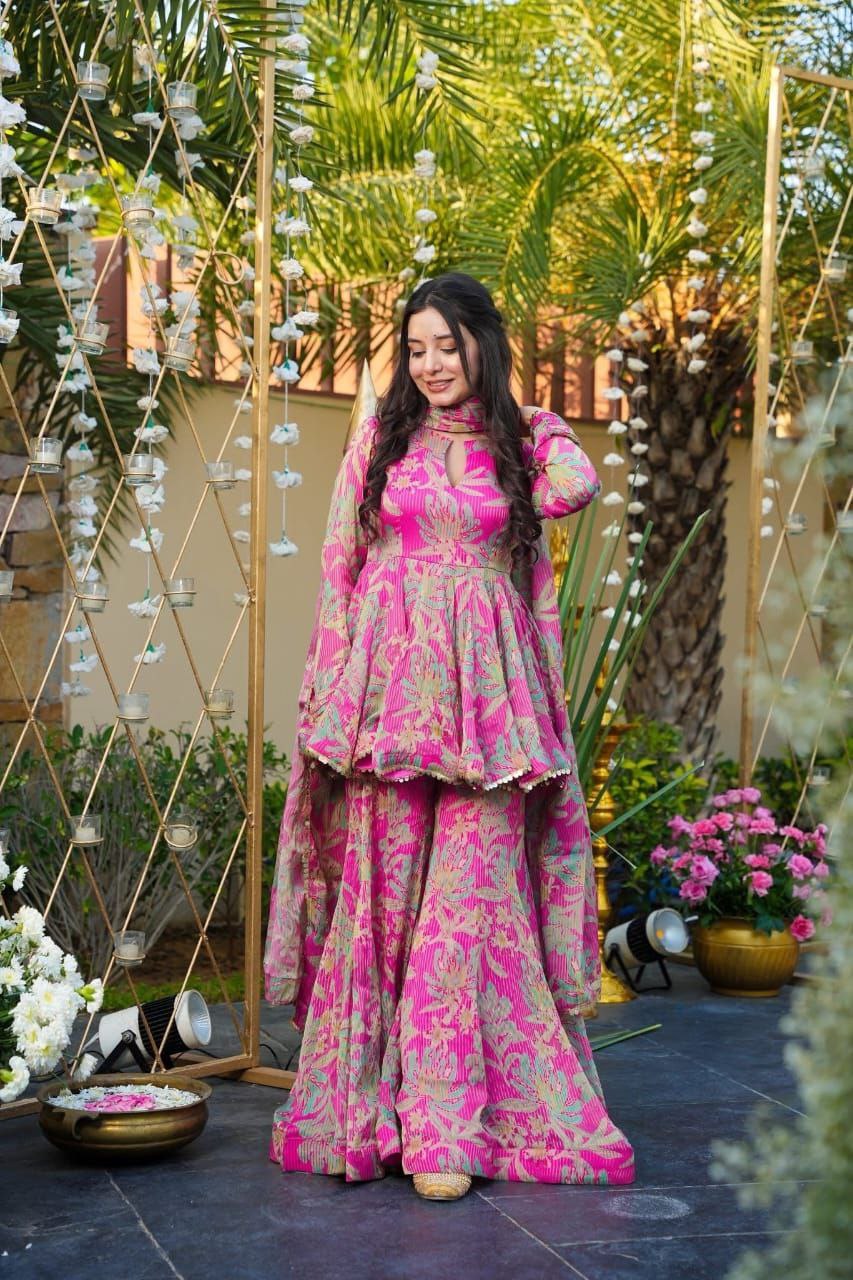 Luxury Pink Floral Printed Designer Peplum Kurta with Sharara & Dupatta Set
