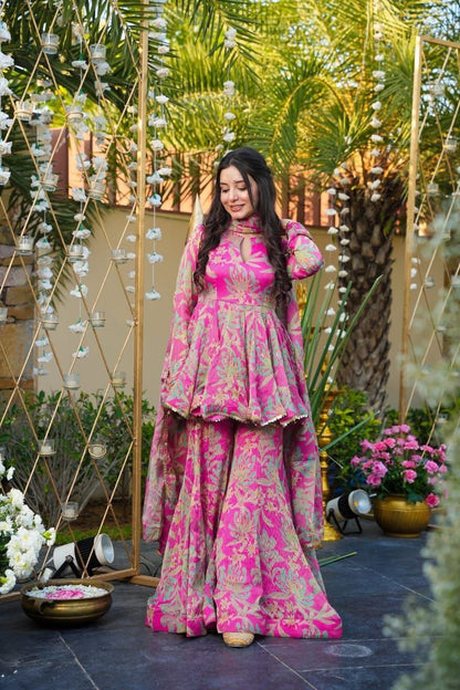 Luxury Pink Floral Printed Designer Peplum Kurta with Sharara & Dupatta Set