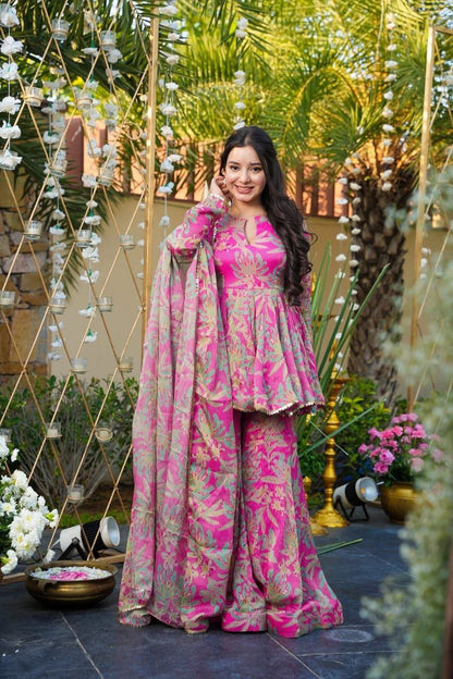Luxury Pink Floral Printed Designer Peplum Kurta with Sharara & Dupatta Set