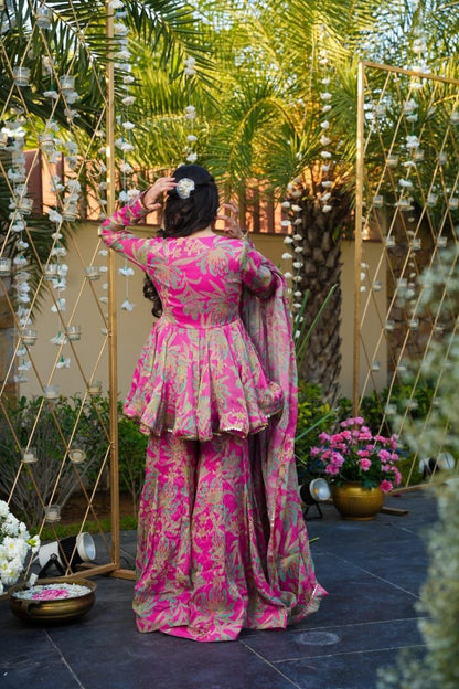 Luxury Pink Floral Printed Designer Peplum Kurta with Sharara & Dupatta Set