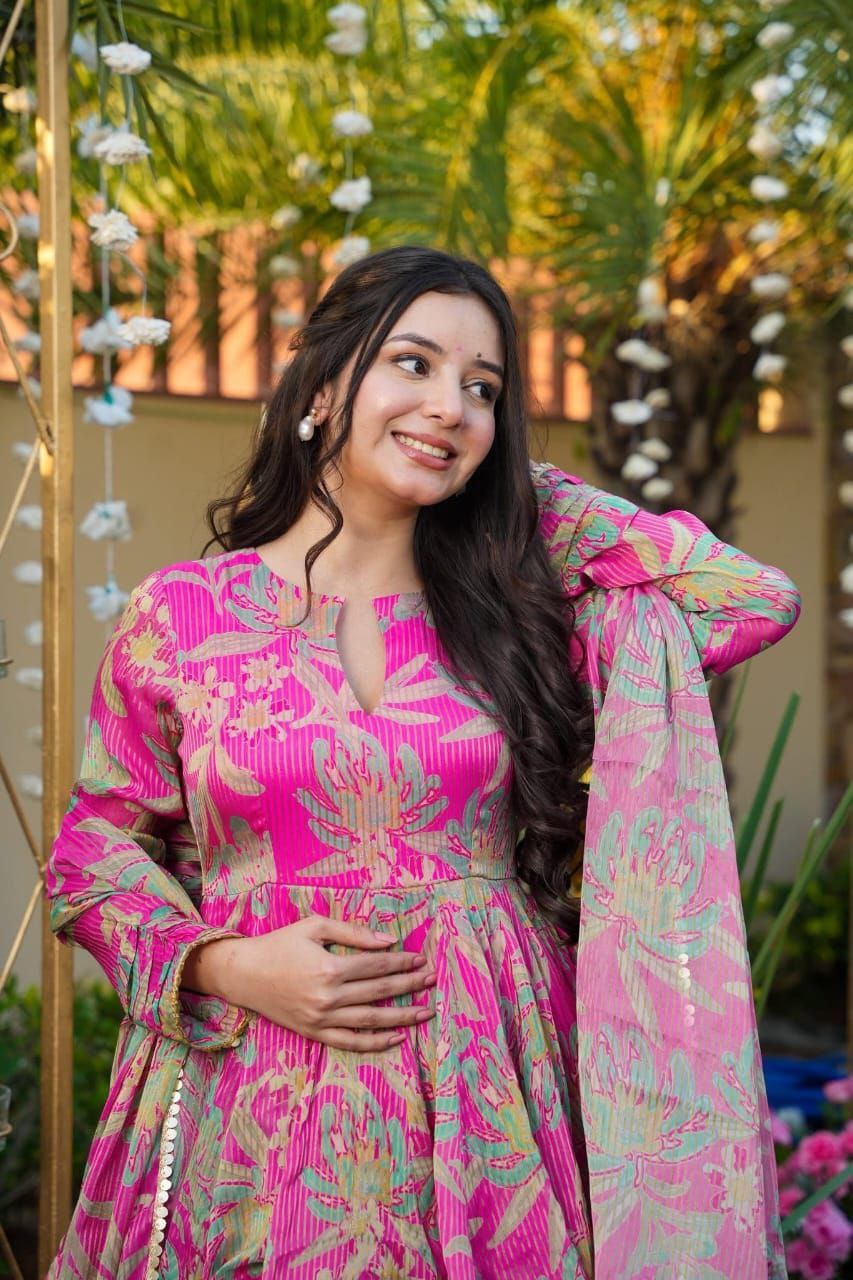Luxury Pink Floral Printed Designer Peplum Kurta with Sharara & Dupatta Set