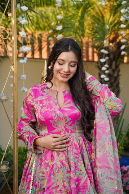 Luxury Pink Floral Printed Designer Peplum Kurta with Sharara & Dupatta Set